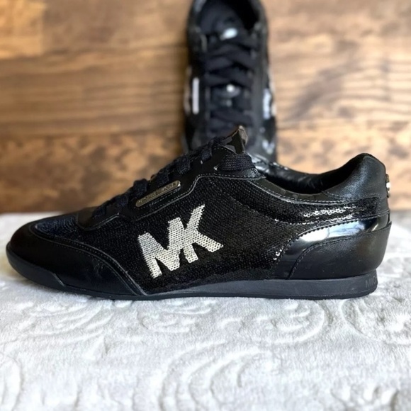 Michael Kors Lace Up Sneakers Sz 6.5M Women Black Sequin Leather Trim Fashion EC - Picture 7 of 13